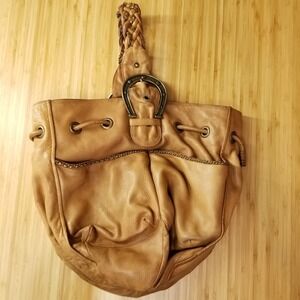 Vtg Betsey Johnson Leather‎ Horseshoe Bucket Bag Brown Y2K Western Cowgirl Hobo